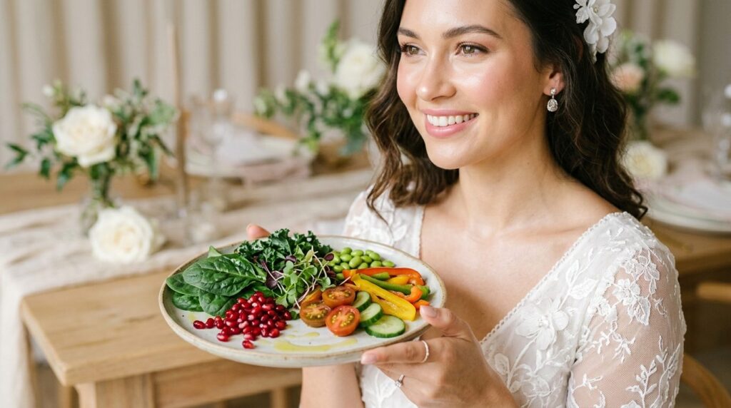 Close-up beauty portrait of a radiant bride with glowing ski