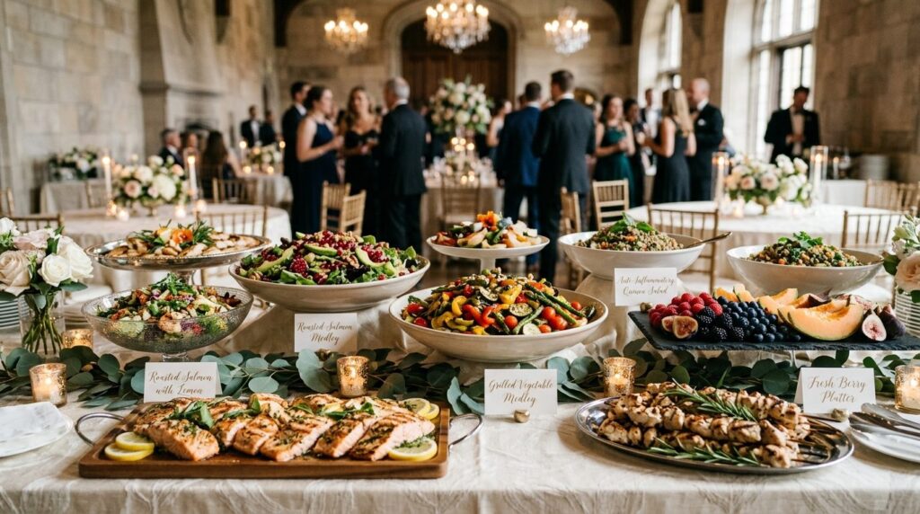 Elegant wedding reception buffet display with beautifully ar