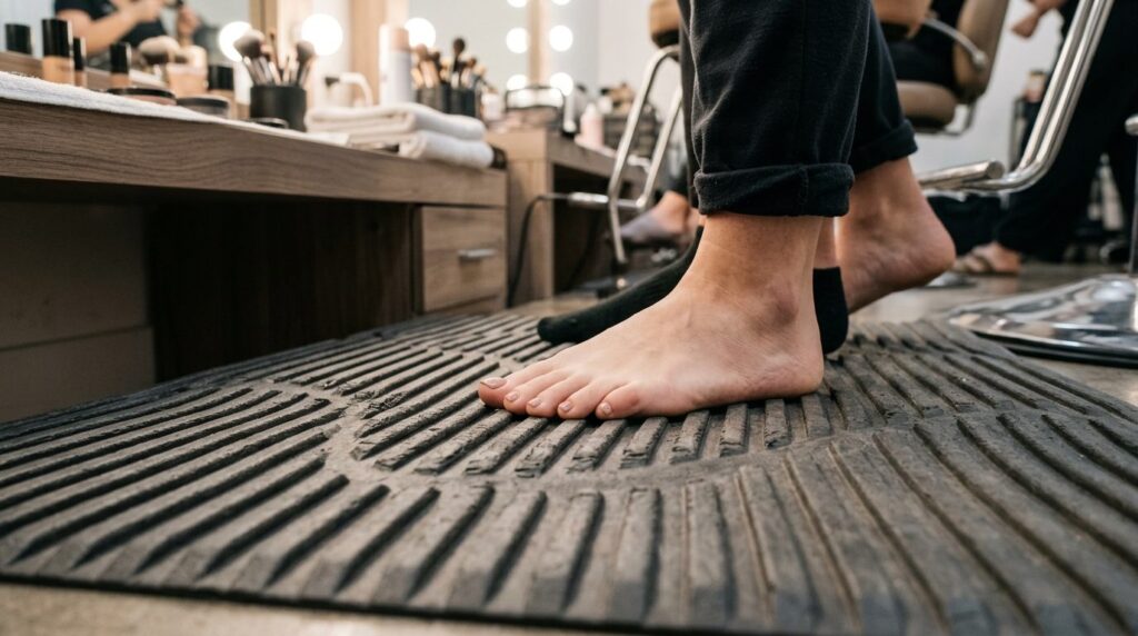 Close-up detail shot of a womans feet standing on a texture