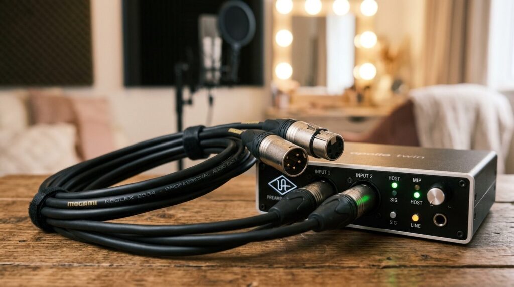 Close-up detail of professional XLR audio cables and connect