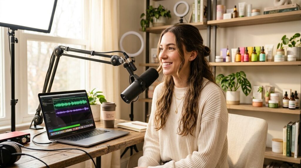 Young female beauty influencer in bright skincare-focused ho