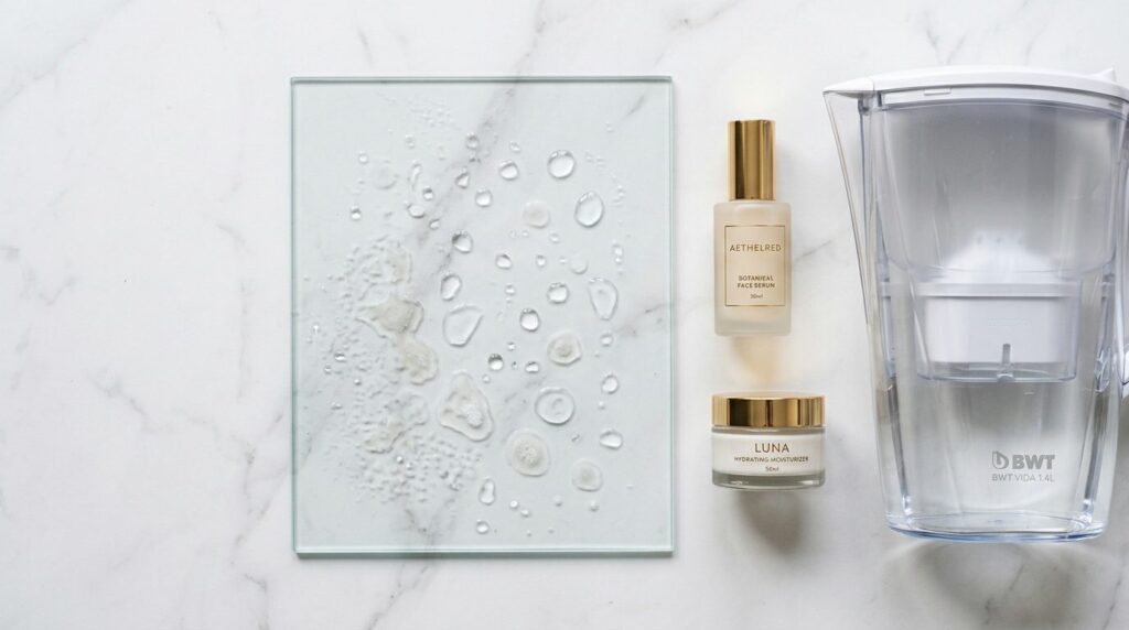 Overhead flat lay of water droplets on clear glass surface s