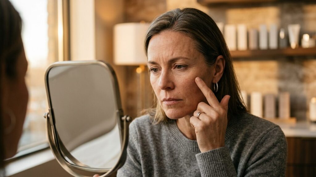 Close-up beauty shot: Woman in her 40s examining her face in