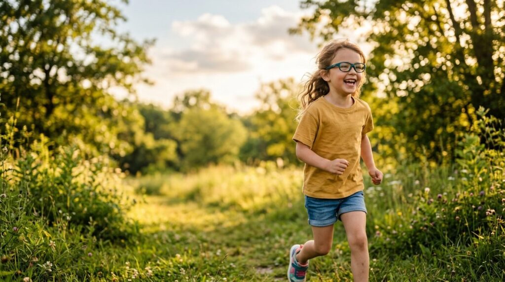 High-quality stock photograph, 16:9 format, active child pla