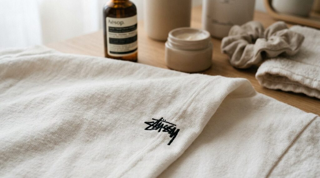 Close-up detail shot of white organic cotton Stussy tee fabr