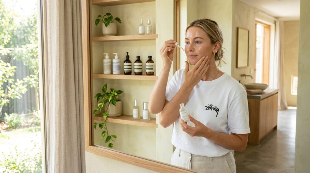 Woman wearing a pristine white Stussy t-shirt in a bright, m
