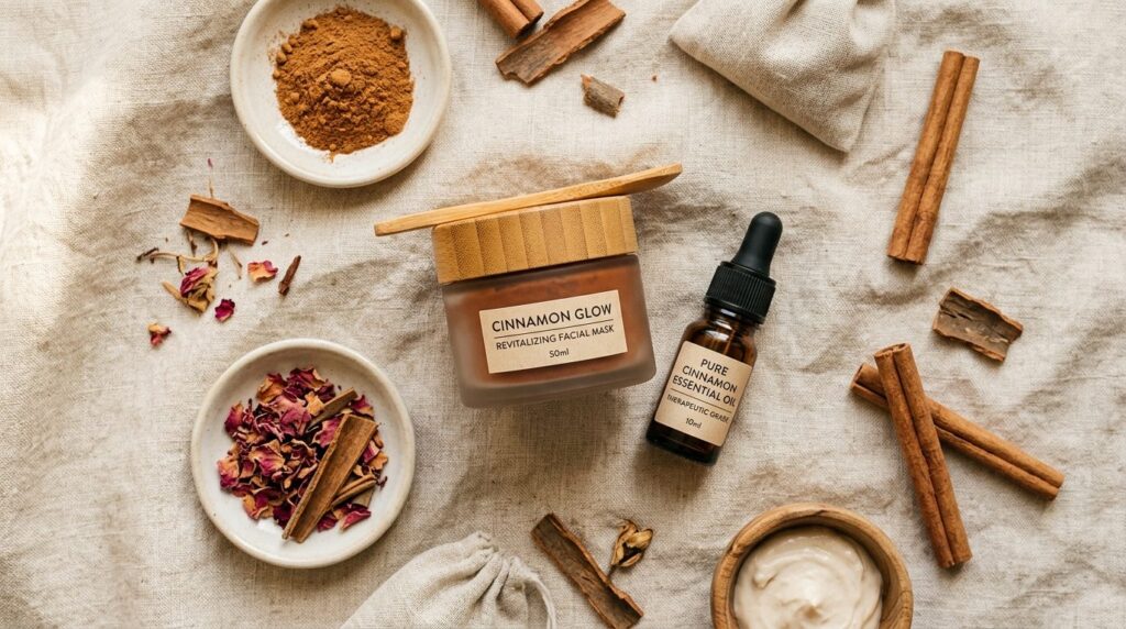 Flatlay skincare composition: Cinnamon-infused beauty produc