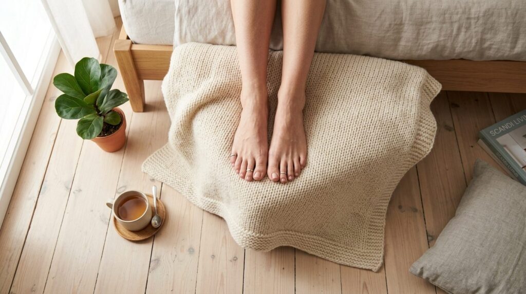Overhead flat lay beauty shot of a womans bare feet resting