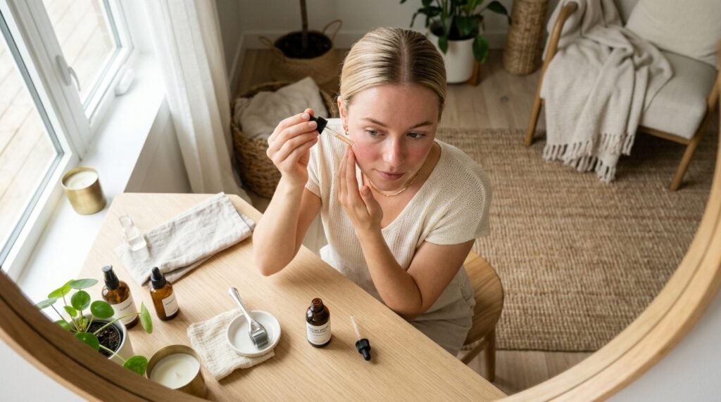 Overhead shot of young woman applying peptide serum to face 
