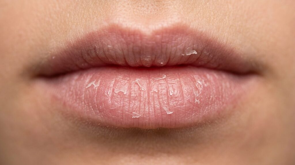 Close-up dermatological photograph of lips showing dryness a