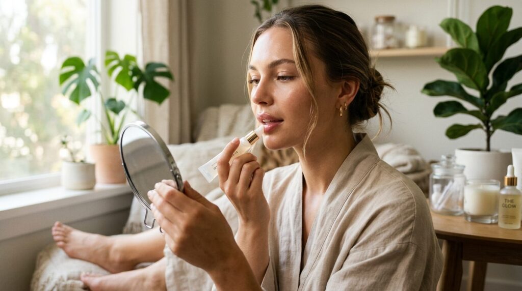 Beauty skincare product application scene, woman applying hy