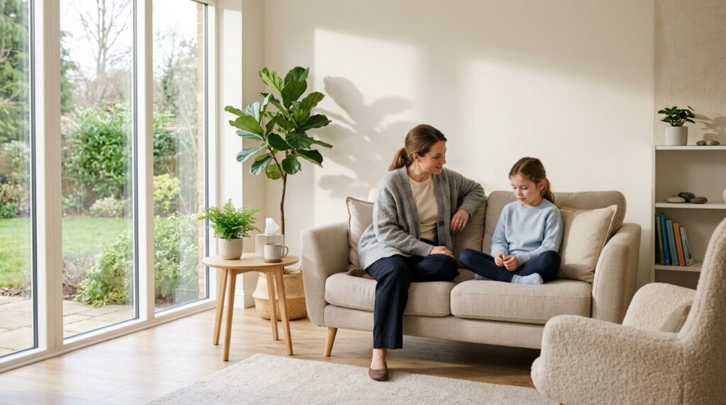 Wide shot of two figures (adult woman and child) sitting tog