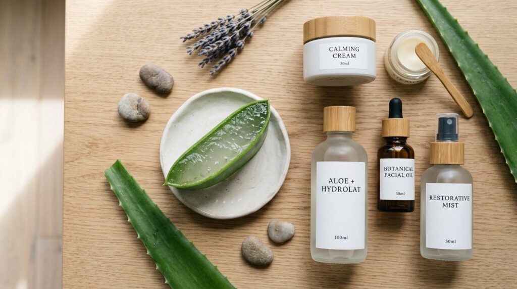 Flat lay beauty product styling: Freshly cut aloe vera leaf 
