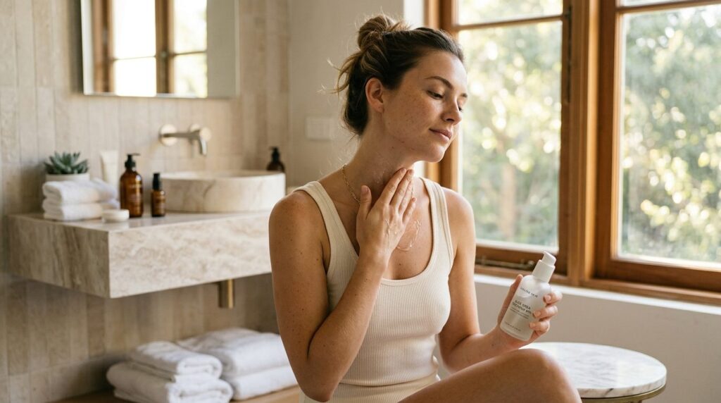 Skincare routine lifestyle image: Young woman in bathroom ap