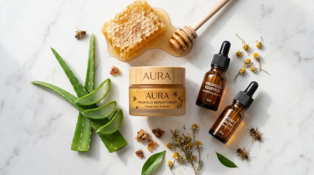 Flat lay skincare composition: Luxurious cream jar with prop