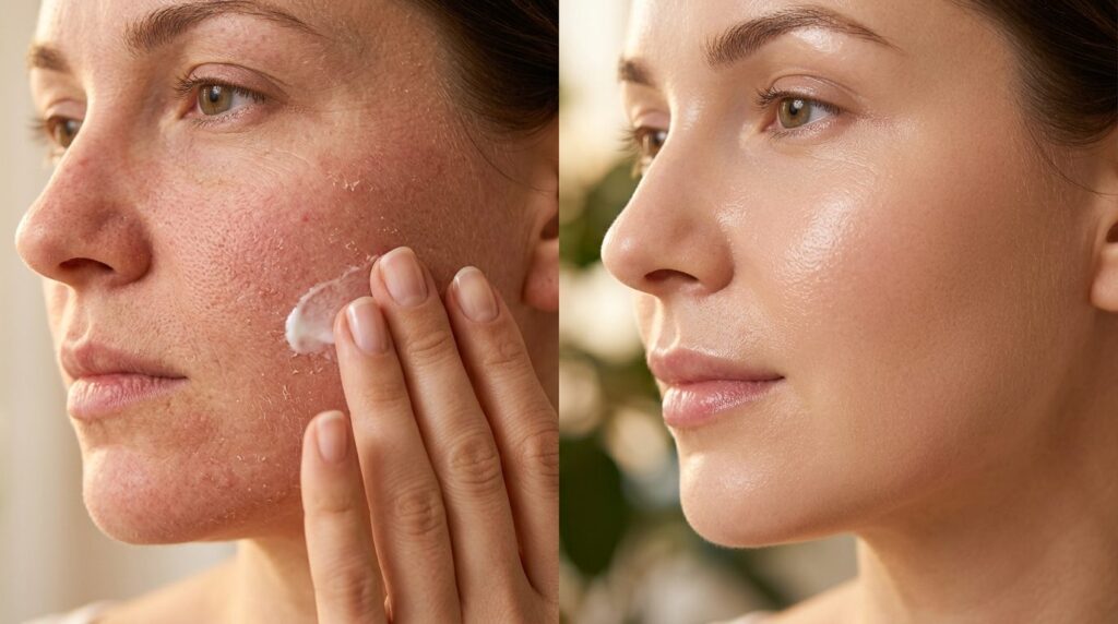 Before and after skincare result: Split-screen comparison sh