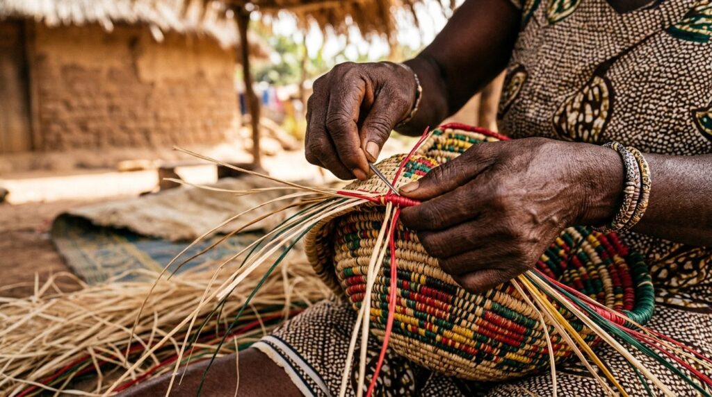 Close-up detail shot of skilled Ghanaian artisan hands weavi