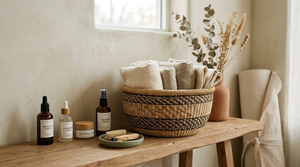 Minimalist lifestyle scene of a handwoven Ghanaian basket st