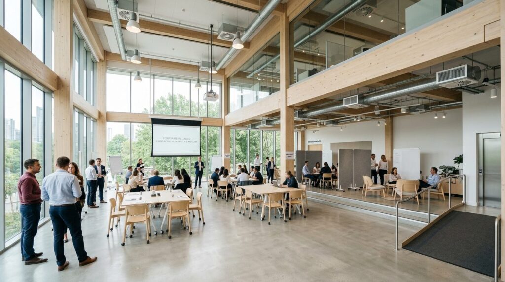 Wide-angle photograph of a bright, airy event space configur