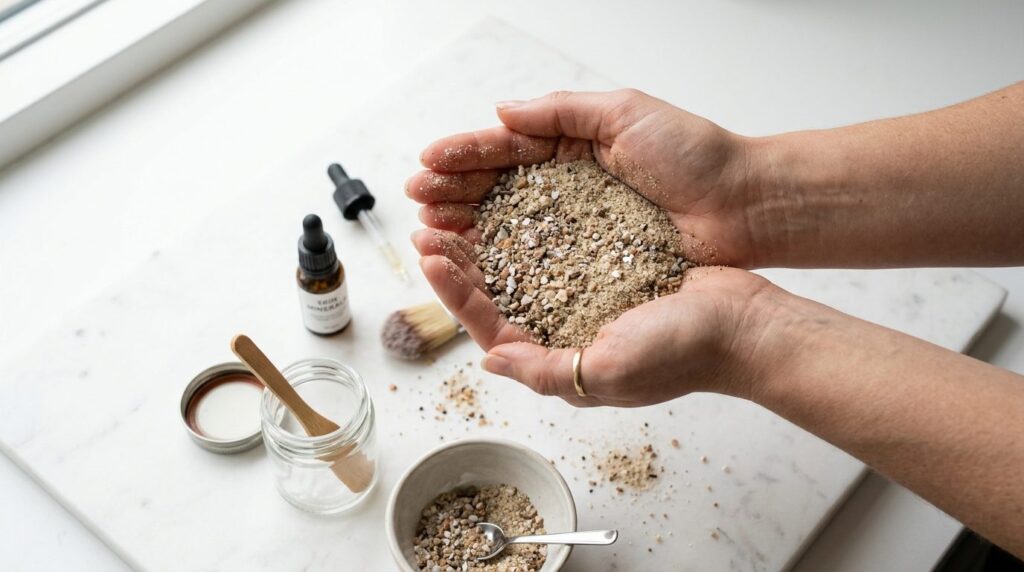 Close-up overhead shot of hands holding fine natural sand an