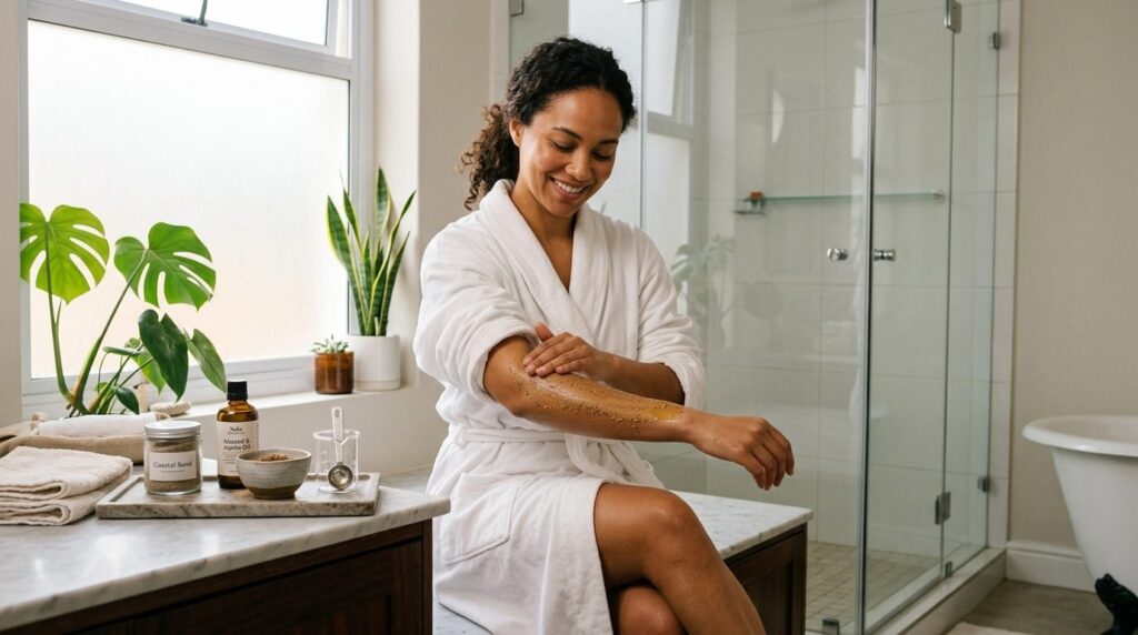Modern bathroom scene showing a woman applying homemade exfo