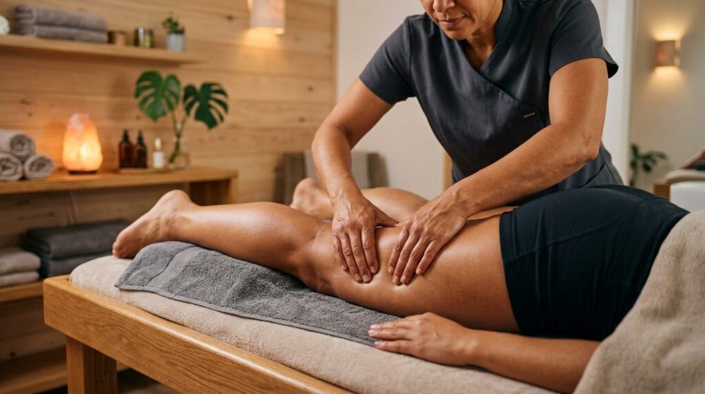 Close-up of experienced massage therapists hands applying t