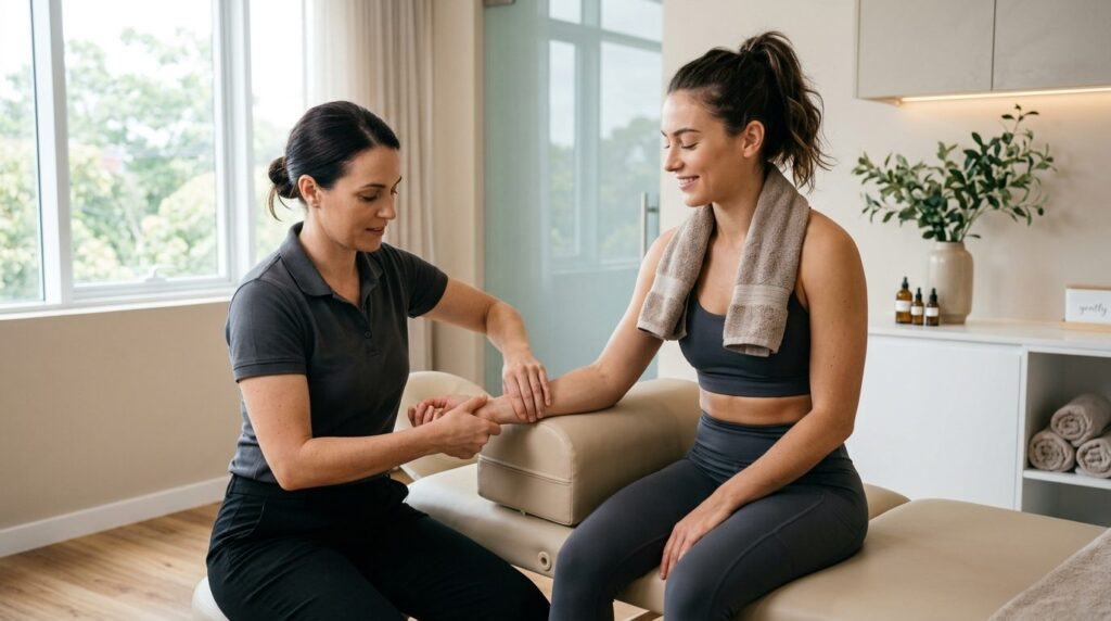 Athletic woman in workout attire receiving remedial massage 